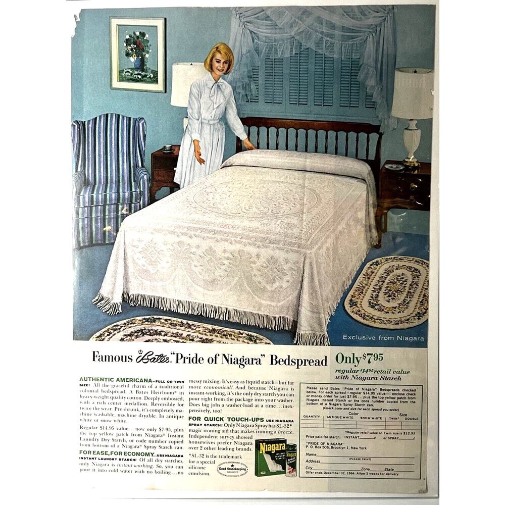Vtg Niagara Laundry Print Ad 1960s Chenille Bedspread Blue Bedroom Linens